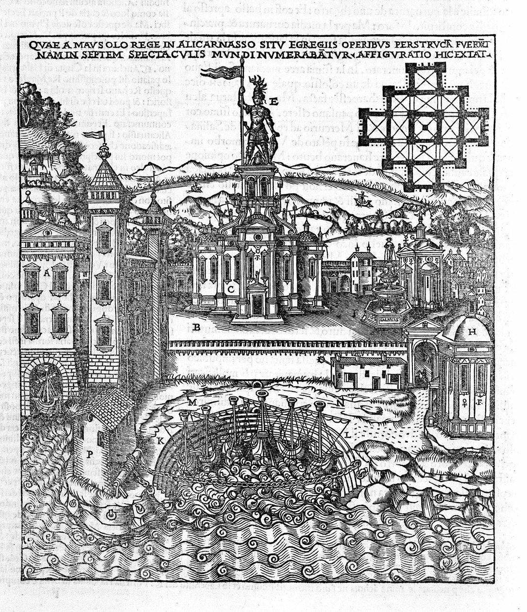 Repræsentation af antikkens syv vidundere: Mausoleet af Halicarnassus, som lå ved Det Ægæiske Hav i det sydvestlige Tyrkiet. Indgravering i "" de Architectura""" af Vitruva (1. århundrede f.Kr.) - udgave af Gottardo da Ponte, Come af Unknown artist