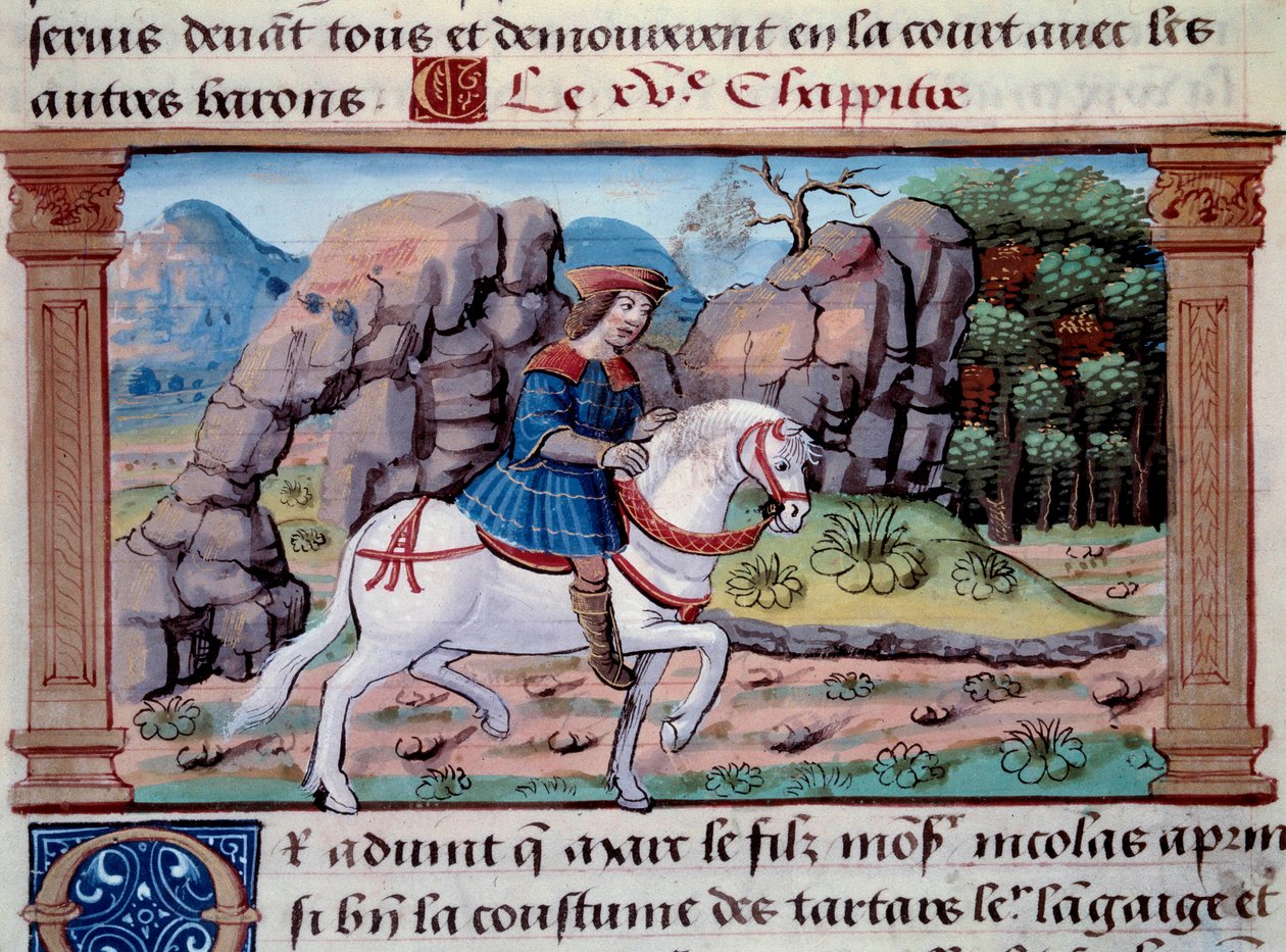 Repræsentation af den venetianske navigatør Marco Polo (1254-1324) til hest" Miniature taget fra "" The Book of Wonders"" ("" Devisement of the World"", "" Il Milione") af Marco Polo (1254-1324) ). 1298. Paris, Arsenals bibliotek af Unknown artist