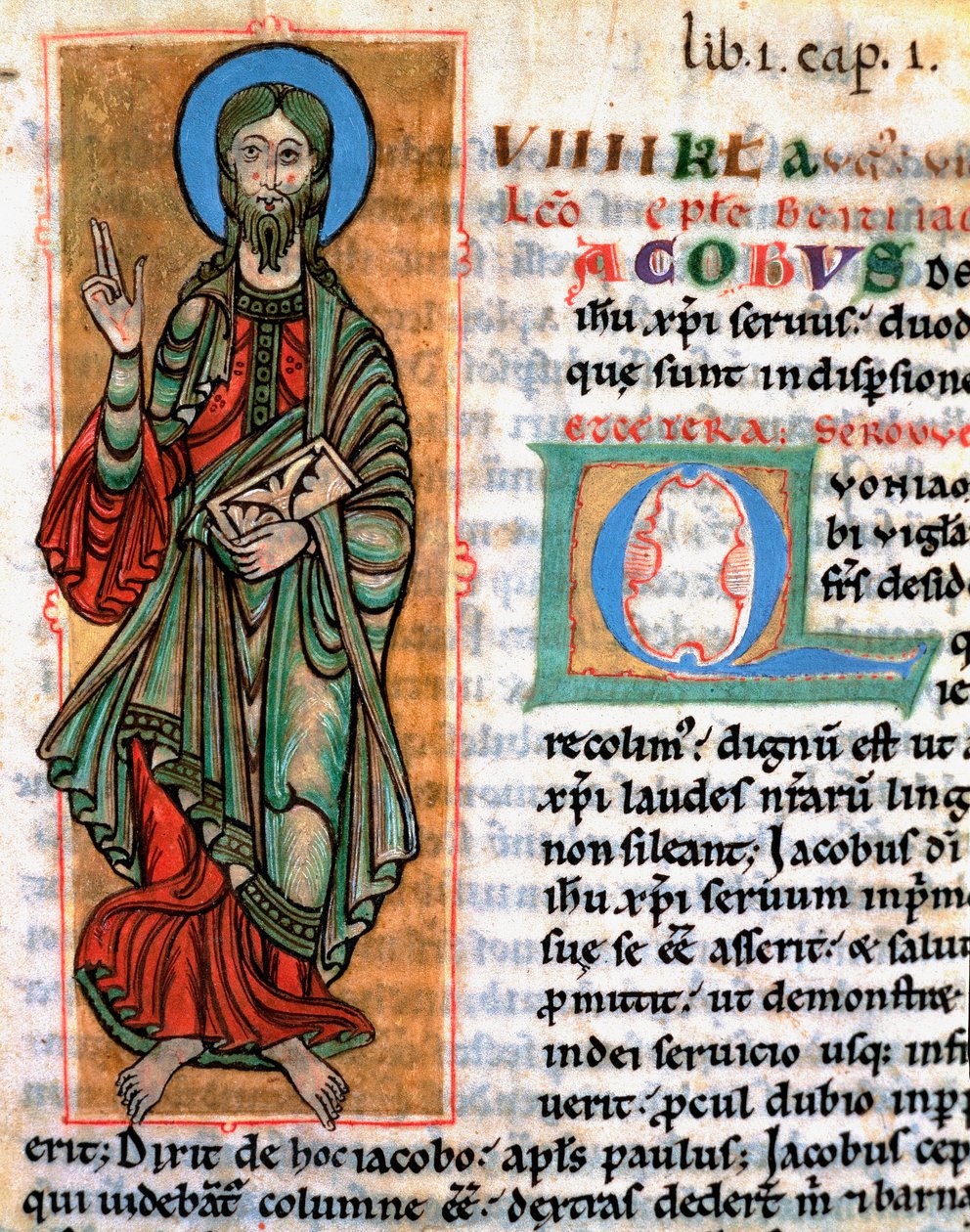 Repræsentation af apostlen Sankt Jakob den store Miniature taget fra “Codex Calixtinus” (Saint Jakobs Bog), omkring 1140. Fol. 4. Arkiv for katedralen i Santiago de Compostela (Santiago de Compostela), Spanien af Unknown artist