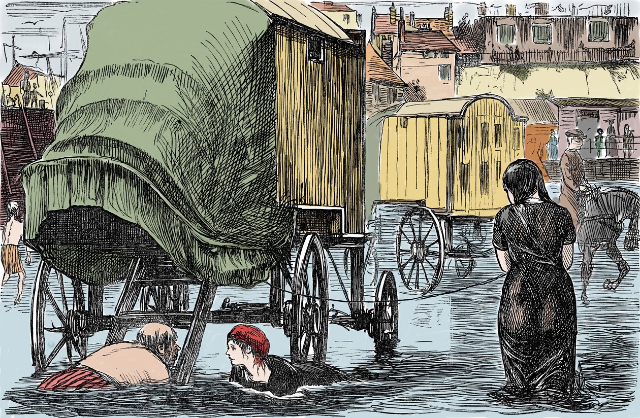 Repræsentation af badehytten opfundet i 1750 af Benjamin Beale: kvinder inde får adgang til havet direkte fra denne hestetrukne vogn. Humoristisk tegning fra "Punch Magazine" 1870 af Unknown artist