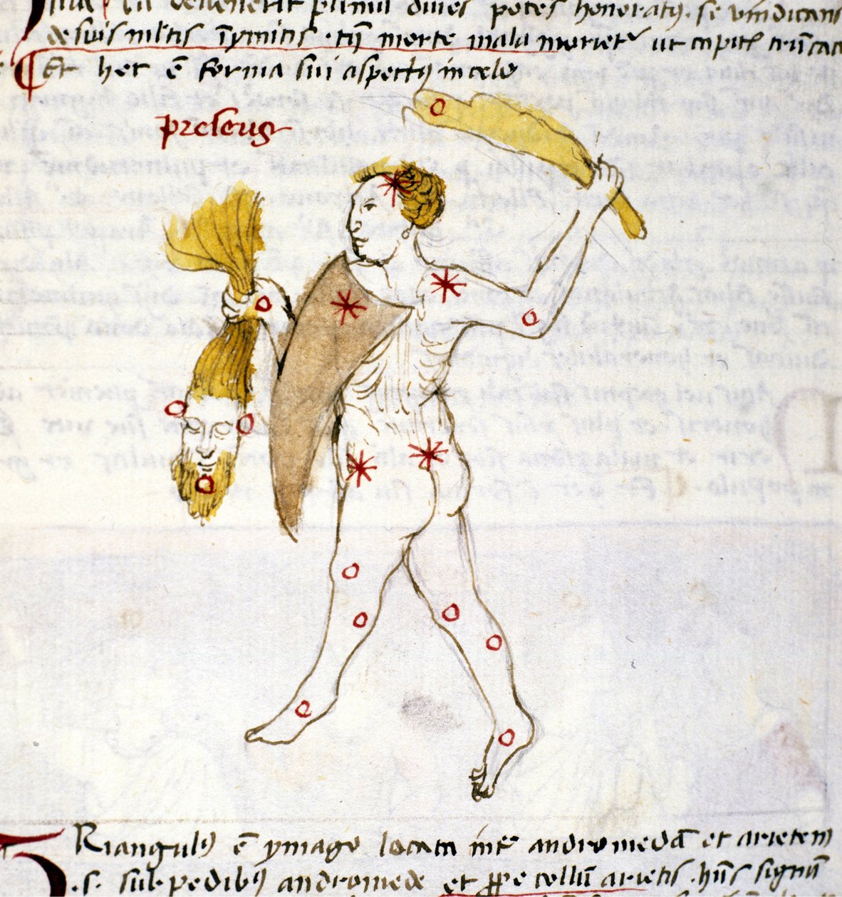 Repræsentation af stjernebilledet Bouvier (Botes) Jægeren Botes holder Berenices hår i hånden. Miniature fra "Astronomica" af Biasino da Parma (Blaise de Parma) (1425-1457) af Unknown artist