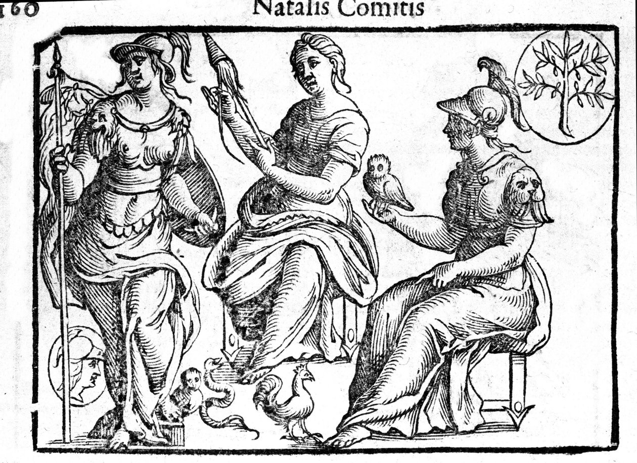 Repræsentation af den guddommelige Athena. Indgravering fra "Mythology and Fables" af grev Natalia 1637 af Unknown artist
