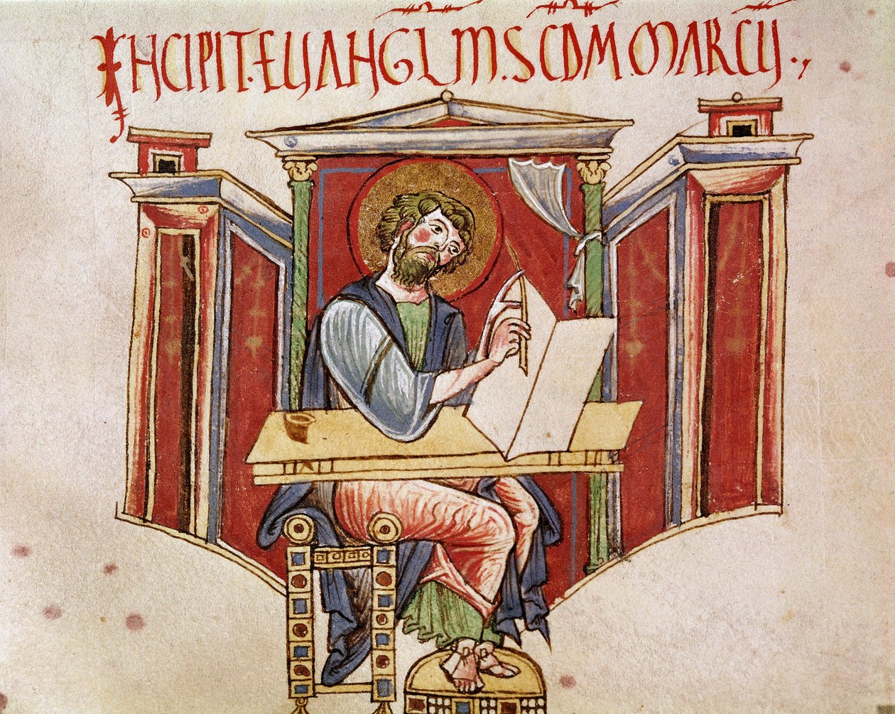 Repræsentation af evangelisten Sankt Markus Miniature fra et manuskript af benediktinermunkene "Liber evangeliarum"" 11. eller 12. århundrede Biblioteca Vallicelliana Rom af Unknown artist