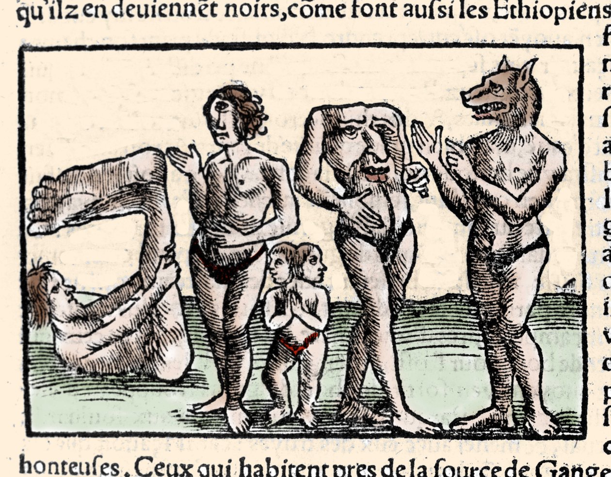Repræsentation af monstrene beskrevet af Amerigo Vespucci (1451-1512): fra venstre mod højre: en manopod, en kyklop, en mand med to hoveder, en mand uden hoved og en mand med et hundehoved eller cynocephalus. Xilografi taget fra Sebastien Munsters "Univers af Unknown artist