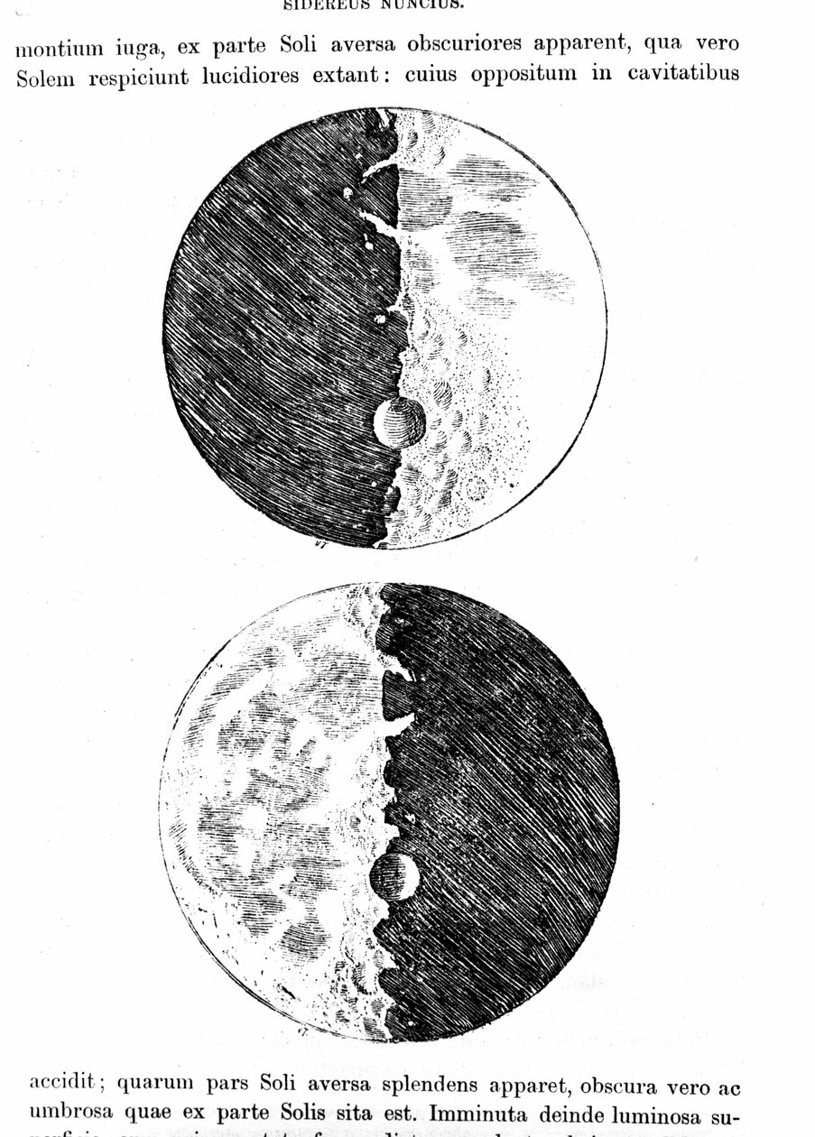 Repræsentation af månen. Tallerken taget fra "" Sidereus nuncius"" (eller "" den himmelske budbringer") af Galileo Galilei (Galilæa) af Unknown artist