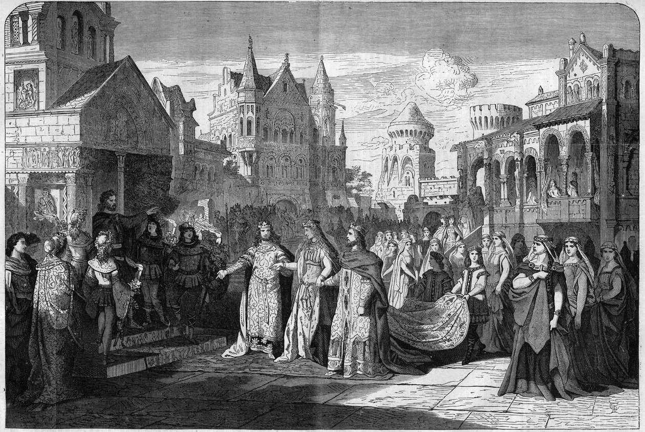 Repræsentation af den romantiske opera "" Lohengrin"" af Richard Wagner (1813-1883), akt II sidste scene, på Det Kongelige Teater i München, Tyskland. Indgravering i "The Illustrous Universe" af Unknown artist