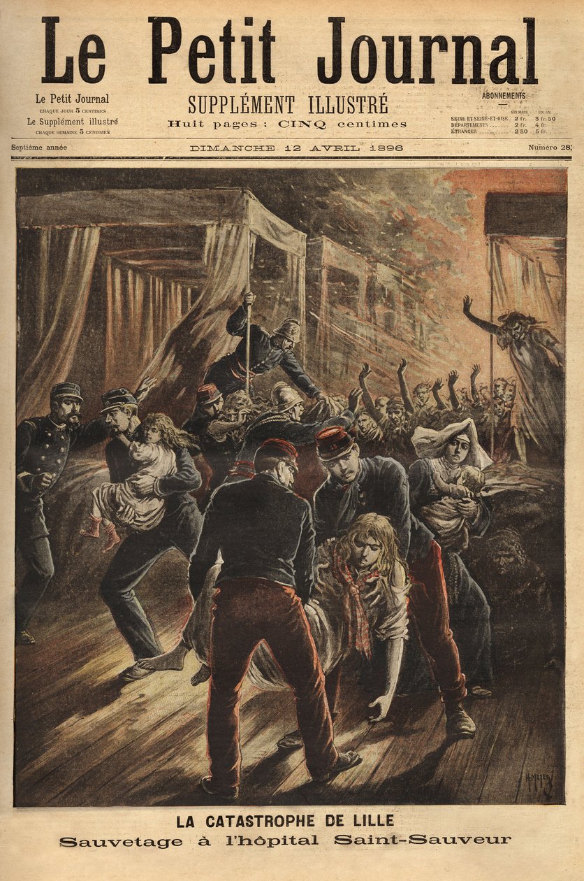 Redning på Saint Saviour Hospital i Lille eller en brand hærgede de tre ældste monumenter i byen, kirken, det gamle tårn og hospitalet. Indgravering i "" Le petit journal"" 12/04/1896. Selvas samling. af Unknown artist