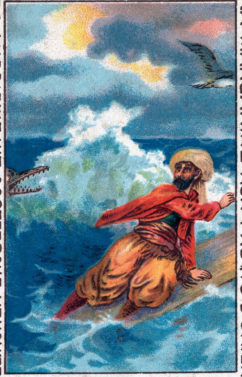 Redning på et bræt. Sømanden Sinbads (Sindbad) vidunderlige eventyr. Populær fortælling om 1001 nætter (et tusinde og en nat). Kromolitografi i slutningen af det 19. århundrede. af Unknown artist