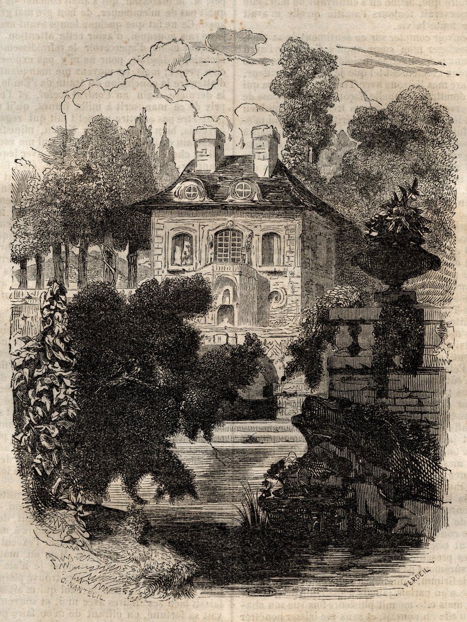 Bolig for Rousseau på øen Saint-Pierre (St. Petersinsel) Bern - Schweiz - Illustration til "" Confessions" af Jean-Jacques (Jean Jacques) Rousseau (1712-1778) - gravering af 1849 af Unknown artist