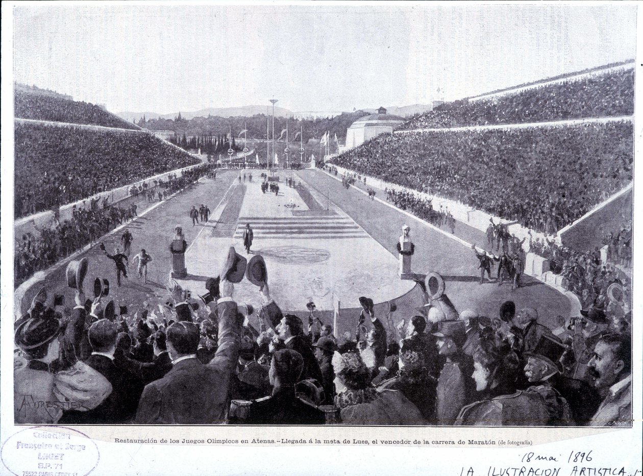 Restaurering af de olympiske lege i Athen: ankomst af Lues, maratonvinder af Unknown artist