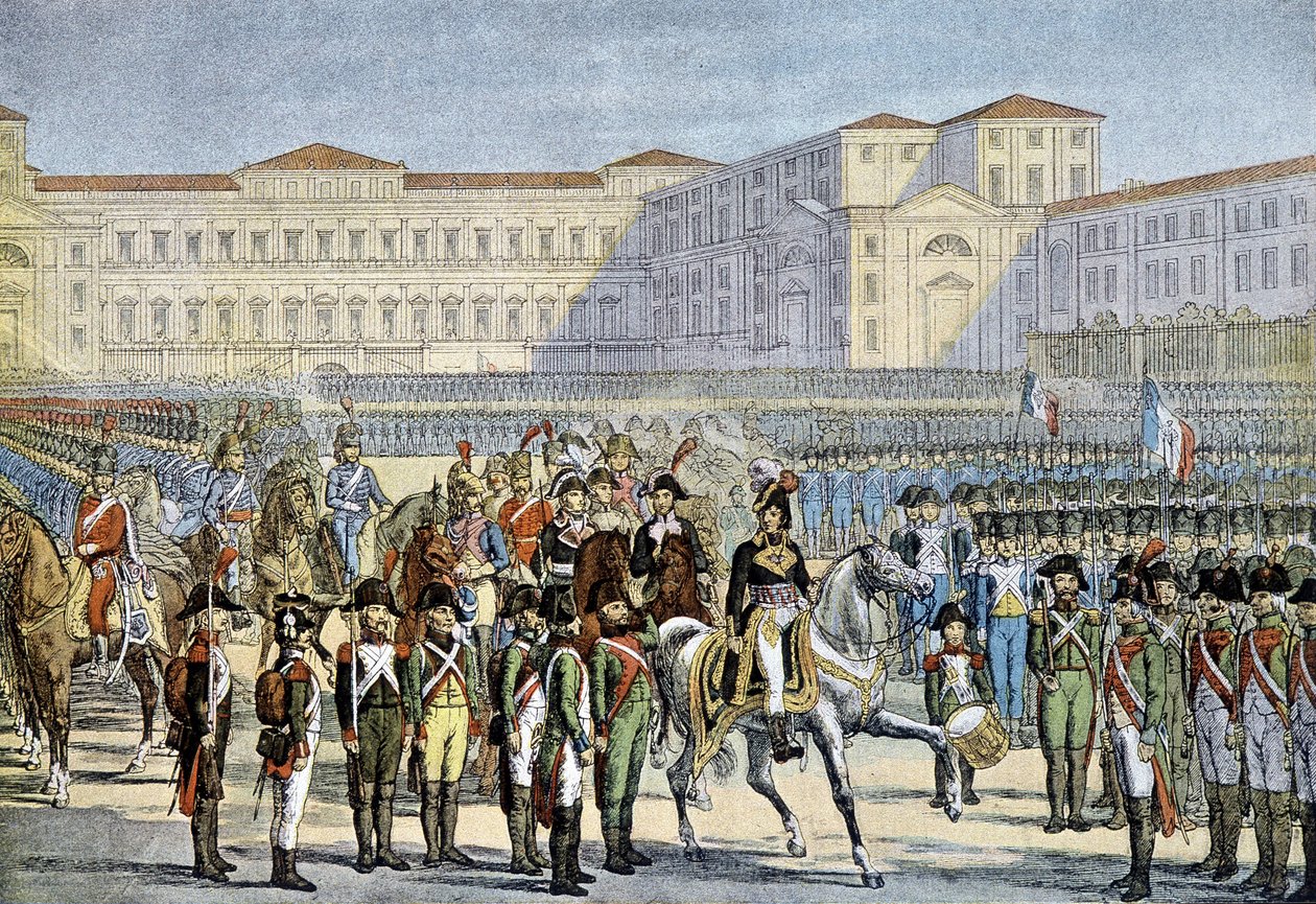 Gennemgang af den italienske hær vedtaget i Milano af general Murat (1800) - litografi af Unknown artist