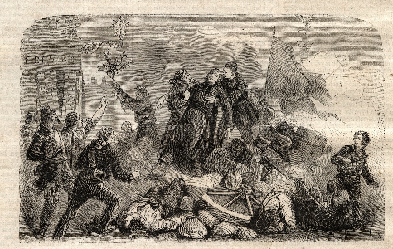 Revolution 1848: "" Archeveque Monsignor Denis Affre (1793-1848) på Barrikaden Faubourg Saint Antoine i Paris 26/06/1848 (Do o mon dieu que mon sang be le dernier vers) (Død Denis Affre Ærkebiskop af Paris af barrikade ved indgangen til t af Unknown artist