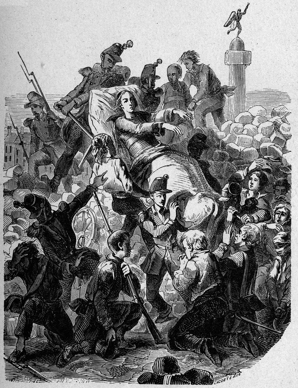 Revolution 1848: "" Ærkebiskoppen Denis Affre (1793-1848) sår og bærer på en båre i 1848." af Unknown artist