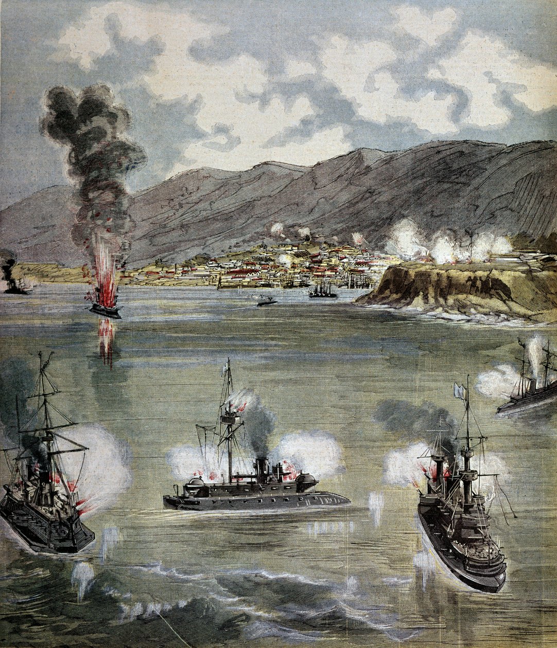 Revolution i Chile: angrebet på Valparaiso i 1891. Illustration taget fra "" Supplement illustrerer du Pepetit journal""" 1891. Paris, B.N. af Unknown artist