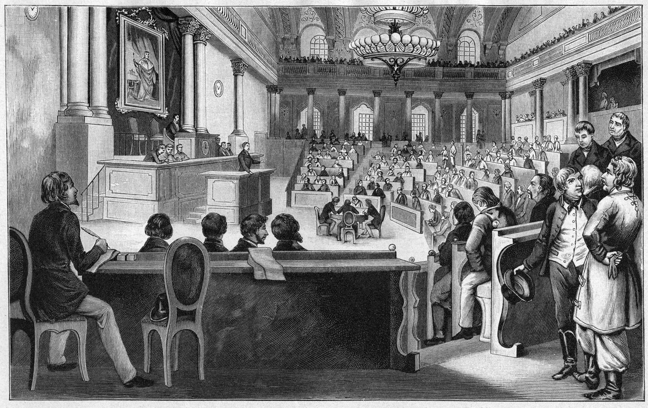 Revolution i Wien 1848 - Mødet i den første østrigske grundlovgivende forsamling (Reichs Versammlung), juli 1848, på den spanske rideskole i Wien, Østrig. af Unknown artist