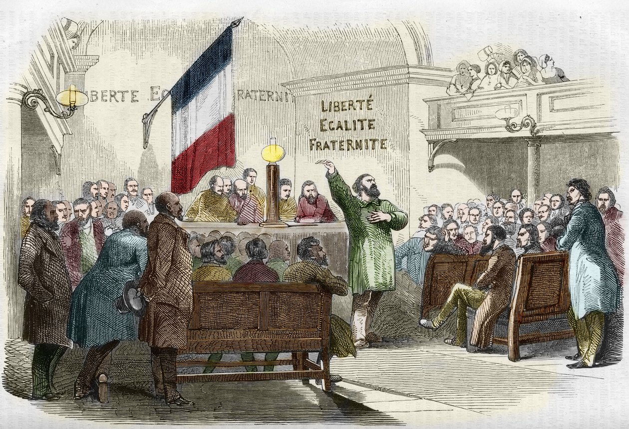 Revolution af 1848: Republikanernes klubmøde i Paris i 1848. På muren står det republikanske motto "frihed, lighed, broderskab"". (Møde i en republikansk klub). Indgravering af det 19. århundrede. af Unknown artist