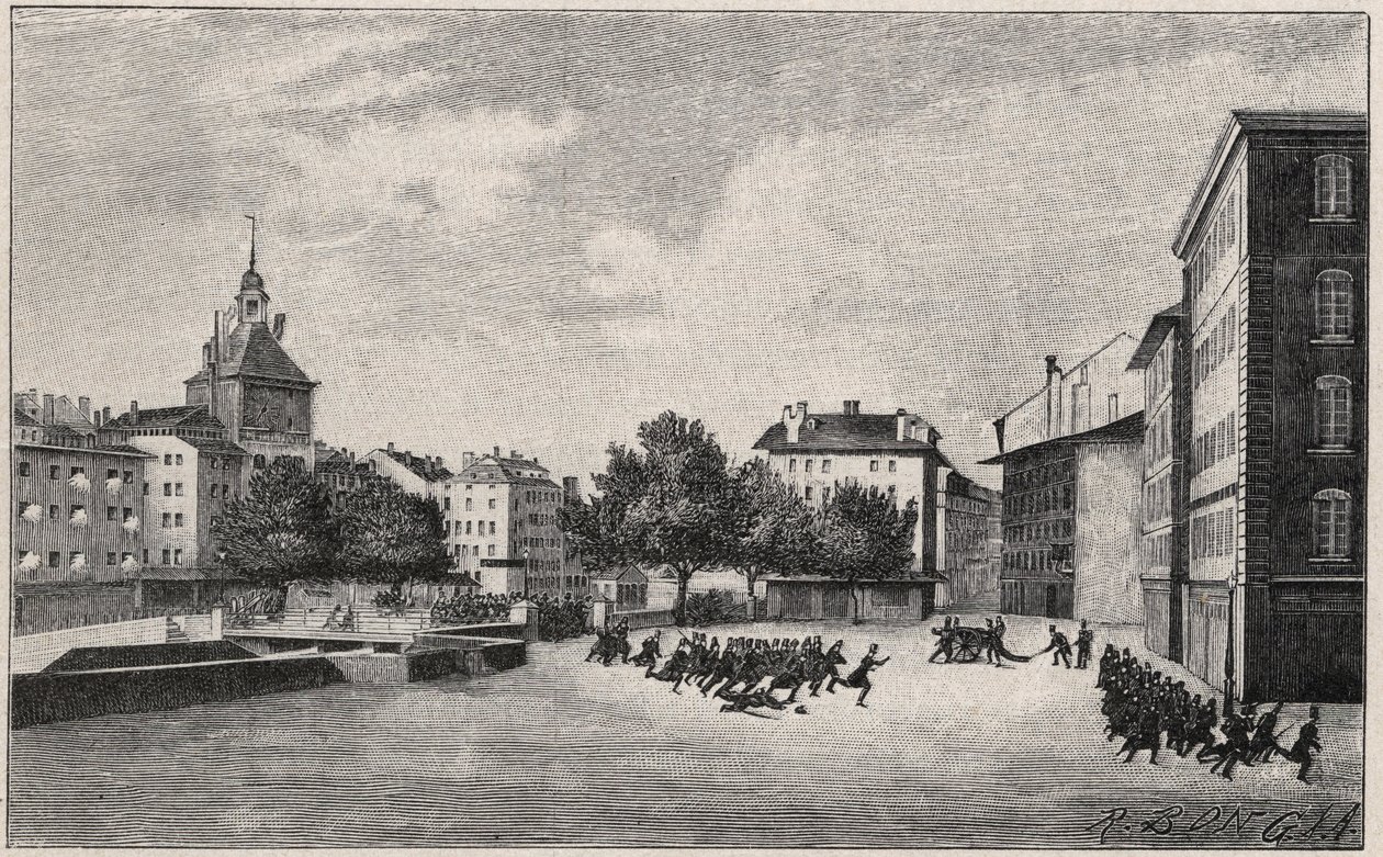 Revolutionen i Genève fra 7. til 8. oktober 1846 (fazyst revolution): forsvar af St. Gervais den 7. oktober 1846 - Udsigt over Place de Bel Air og Ponts-de-l