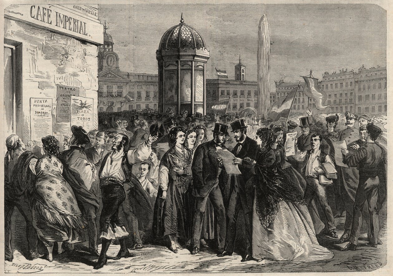 Revolution i september 1868 i Spanien (Gloriosa): læsning af juntaens manifest på gaden Alcala i Madrid. Gravering i "" L