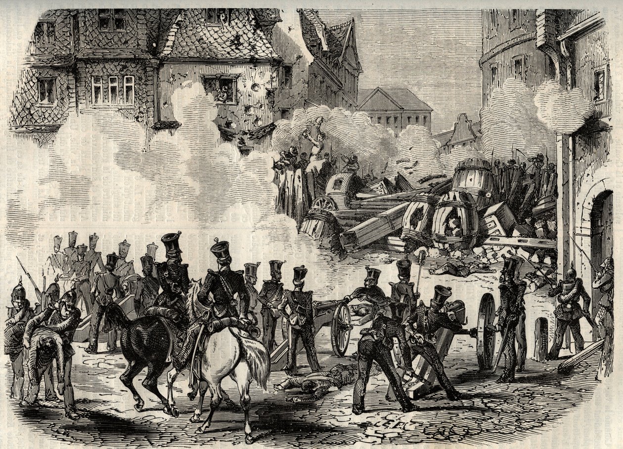 Revolutioner 1848 - 1849, Tyskland, Frankfurt - Tropper stormer en barrikade i Frankfurt, Tyskland, den 18. september af Unknown artist
