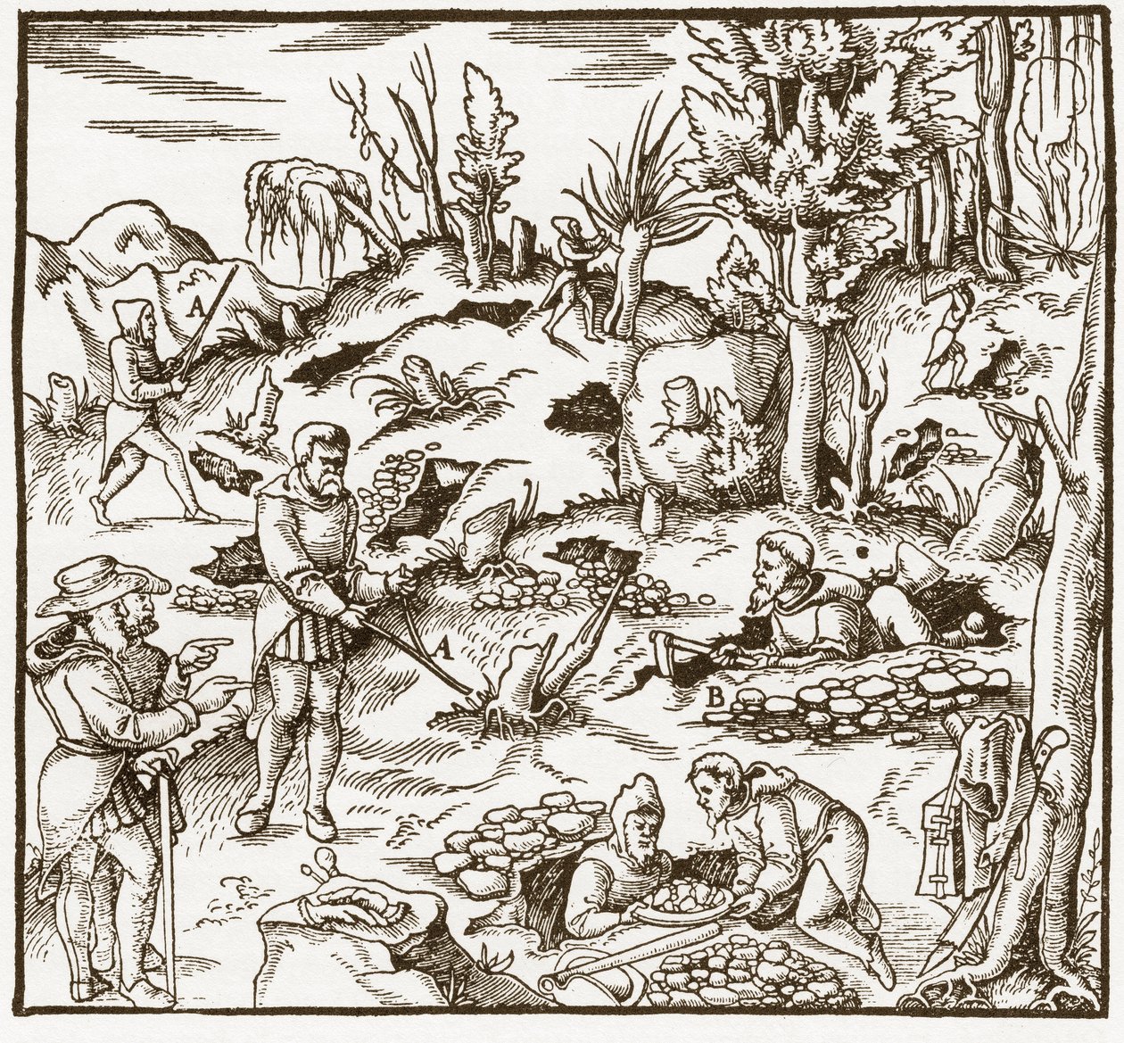 Rhabdomancy - rhabdomancie - Udforskning af et minefelt ved hjælp af spådomsstaven - Mænd skærer og bruger spådomsstave til at lokalisere mineraler - Fra "" De re metallica"" af Georgius Agricola (Georg Bauer), Basel af Unknown artist