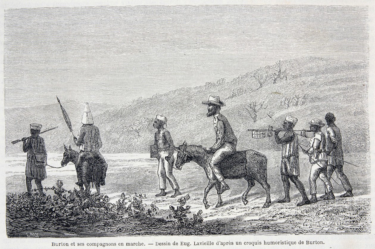 Richard Francis Burton, britisk opdagelsesrejsende (1821-1890), og hans ledsagere i Afrika. Tegning, der illustrerer artiklen "" Kaptajn Burtons rejse til Afrikas Store Søer 1857-59" - i "" Tour du Monde"", 2. semester. 1860 af Unknown artist