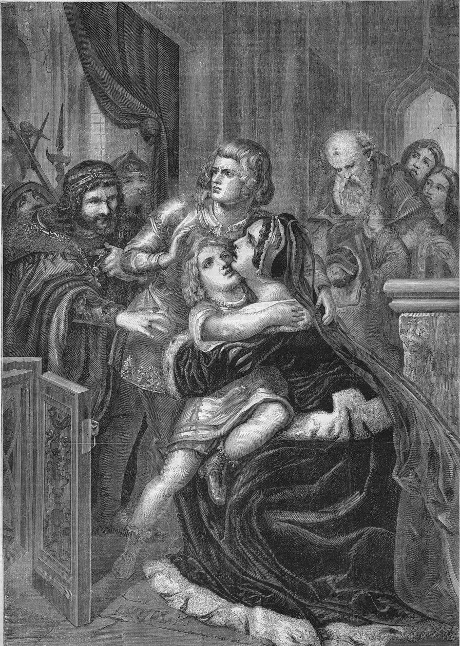 Richard III, konge af England, bortførte børn af sin bror Edward IV (1452-1485) fra deres mor. Stik fra 1860 baseret på Stilkes maleri. af Unknown artist