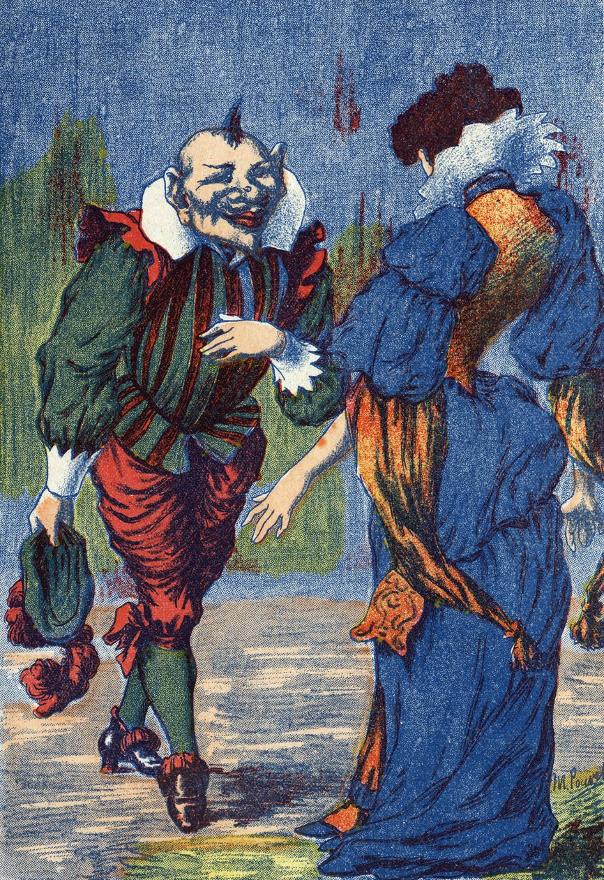 Riquet præsenterer sig selv for prinsessen igen. Illustration til "Riquet a la houppe", fortælling af Charles Perrault (1628-1703), fransk forfatter. Anonym illustration. Billedmateriale Marcel Vagne, Jarville Nancy, udateret (slutningen af det 19. århundr af Unknown artist