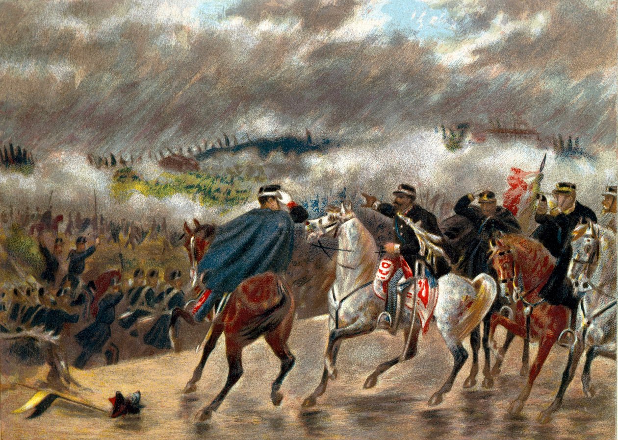Risorgimento - Italiensk kampagne (1859): Victor Emmanuel II (Vittorio Emanuele II) (Victor-Emmanuel) (1820-1878) under slaget ved San Martino førte de piemontesiske tropper mod den østrigske hær den 24/06/1859. Privat samling af Unknown artist