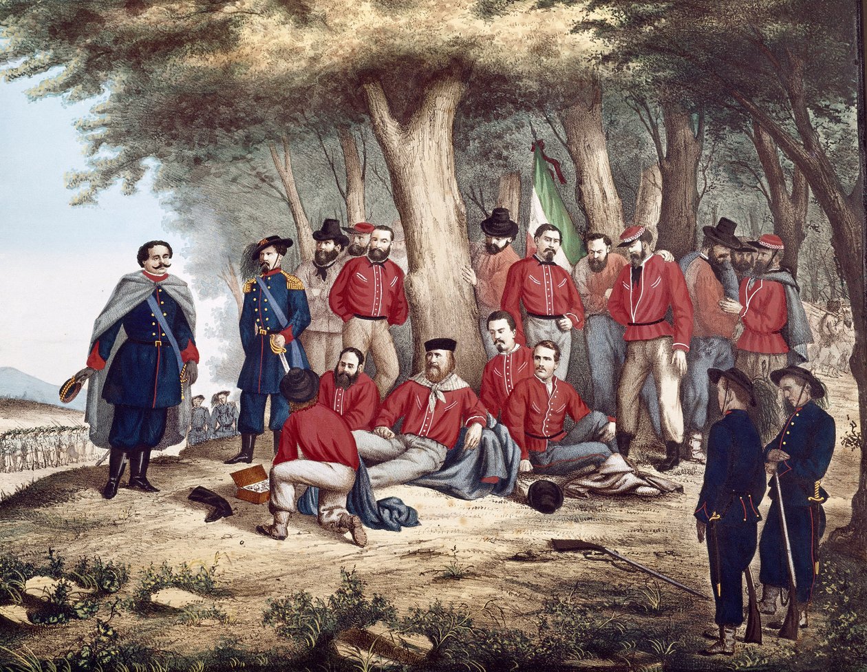 Risorgimento: "den italienske patriot Giuseppe Garibaldi (1807-1882) sår i Aspromonte, den 29/08/1862 transporteres af soldater" (maleri) af Unknown artist