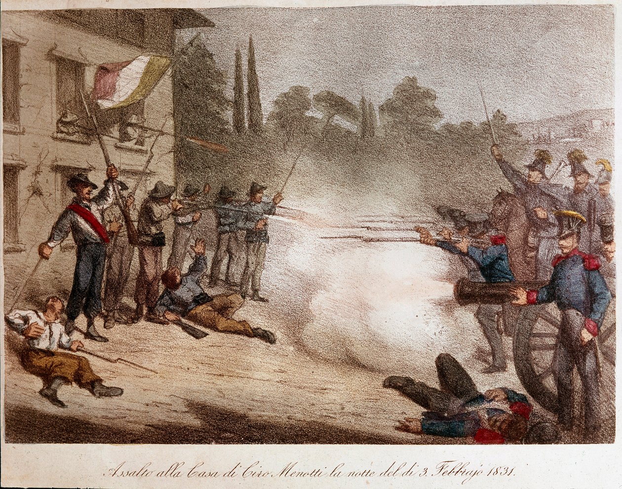 Risorgimento: soldaterne fra Francois IV de Modene (Francesco IV di Modena) stormede Ciro Menottis hus om natten den 03/02/1831. Litografi Privat Samling af Unknown artist