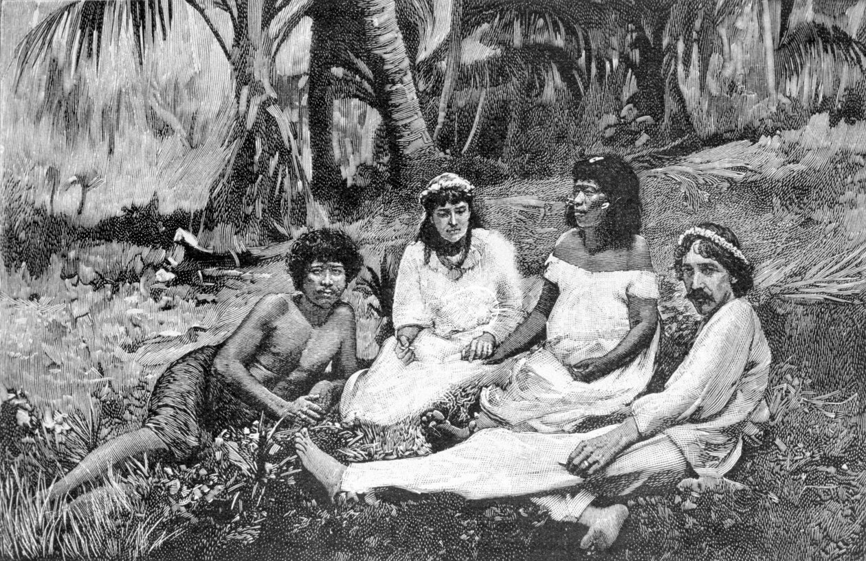 Robert Louis Stevenson (1850 - 1894) med sin kone i Samoa, hvor han fik sin bolig udgivet i Vailima. Stik omkring 1890-1895. af Unknown artist
