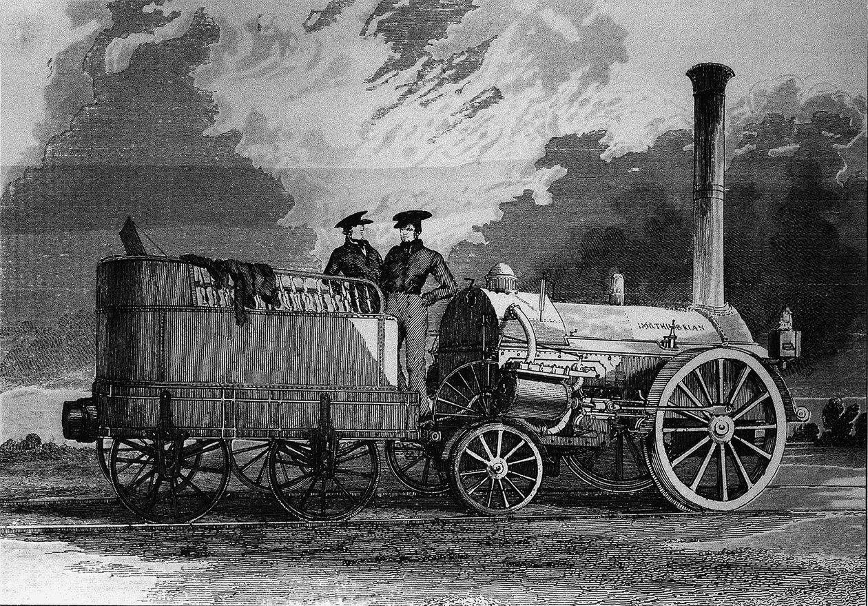 Robert Stephensons lokomotiv til jernbanen fra Liverpool til Manchester i 1831 - gravering af Unknown artist