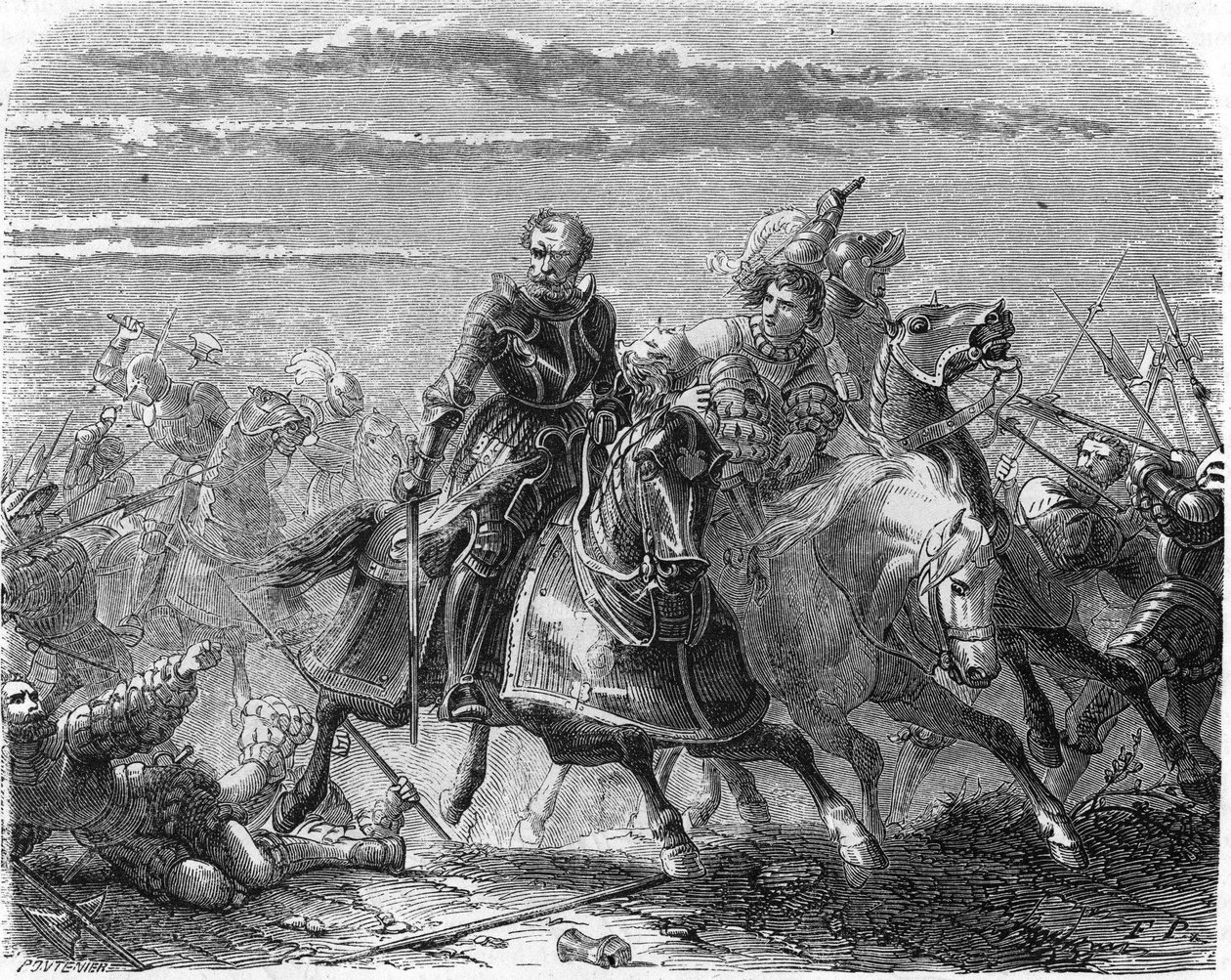 Robert af Mark of Landsknechts, tager sin søns lig fra schweizerne. Indgravering af det 19. århundrede. af Unknown artist