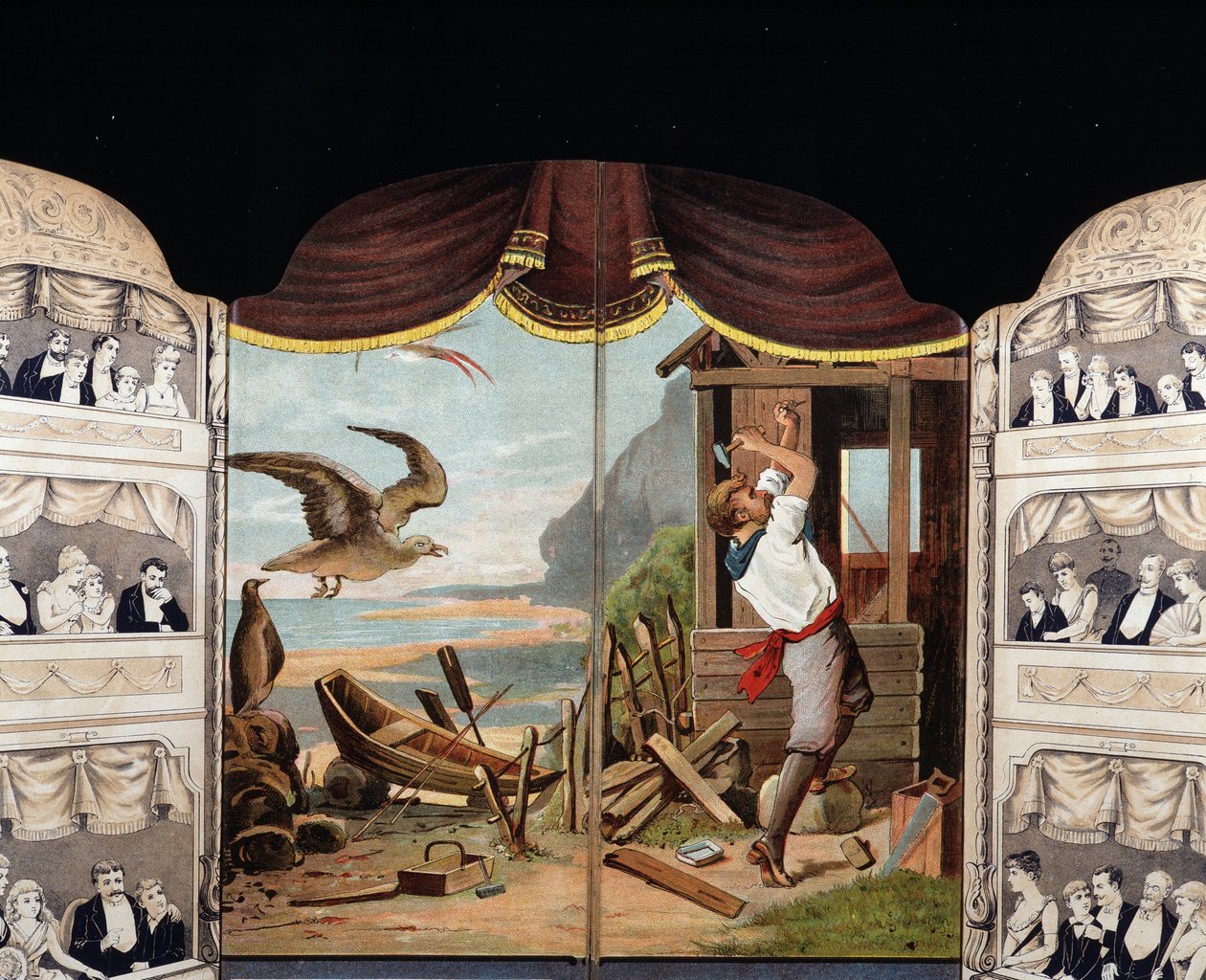 Robinson Crusoe byggede sin hytte, omkring 1890. Roman af Daniel de Foe eller Defoe (1660 - 1731) af Unknown artist
