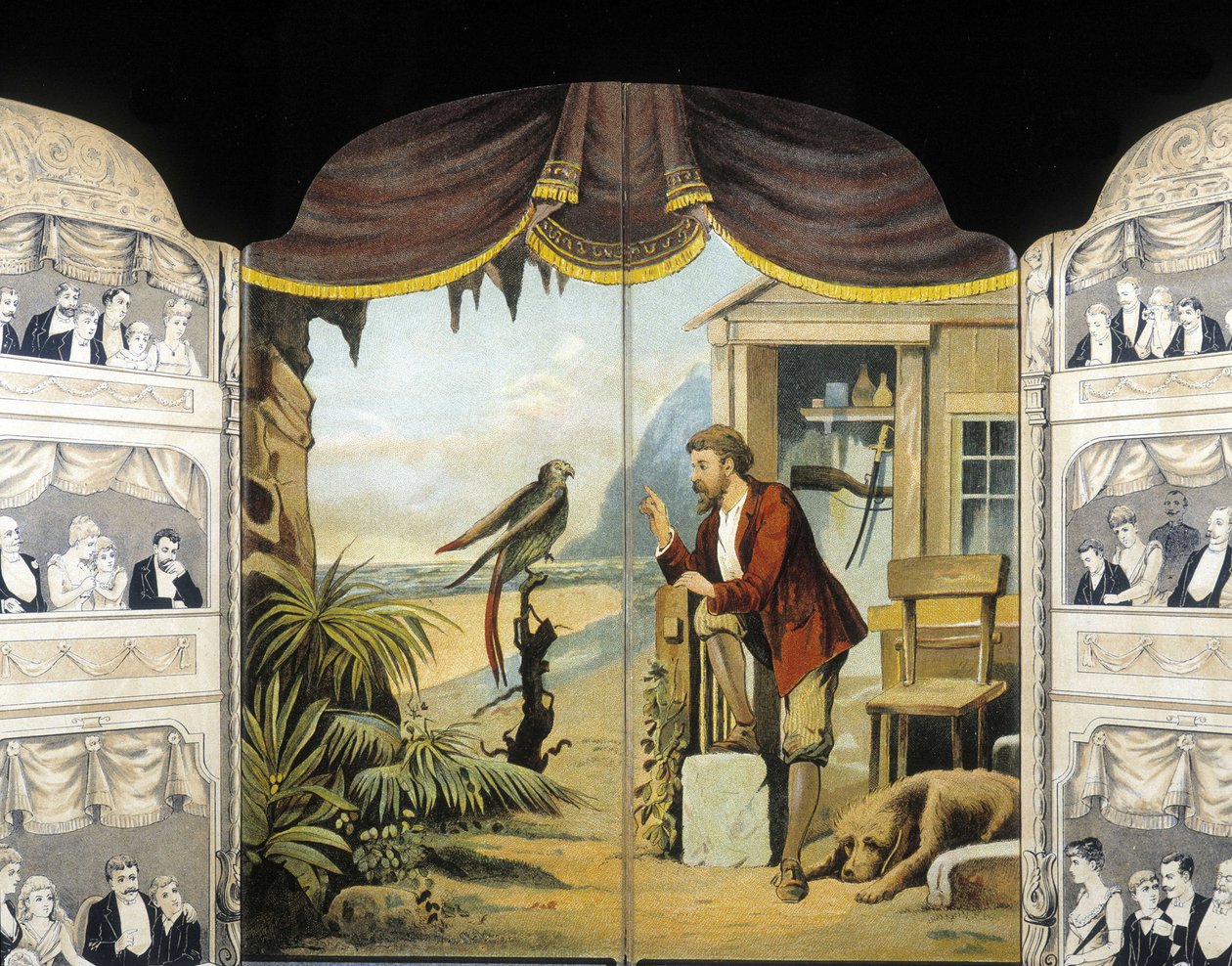 Robinson Crusoe med sin papegøje, ca. 1890. Roman af Daniel de Foe eller Defoe (1660 - 1731) af Unknown artist