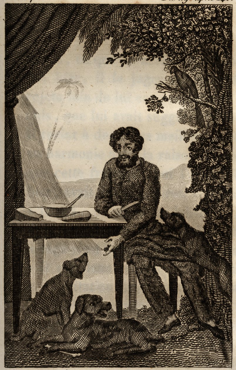 Robinson Crusoes hunde venter på, at han kaster nogle stykker at spise, indgravering indsat i Daniel Defoes "Les aventures de Robinson Crusoe" (1660-1731), edition la librairie d