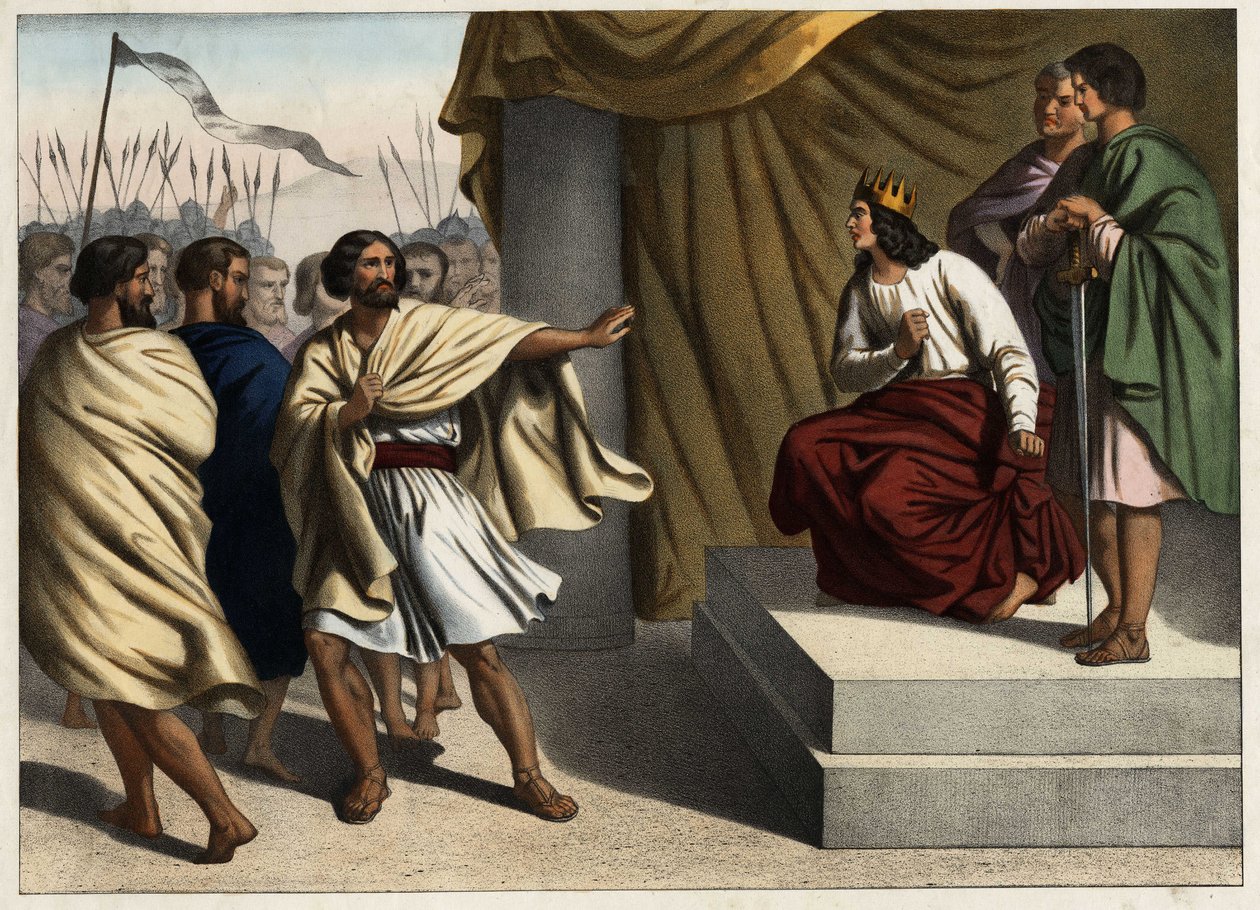 Roboam, den første konge af Judas, udløste de ti nordlige stammers oprør. Anonym stik fra midten af 1800-tallet. af Unknown artist