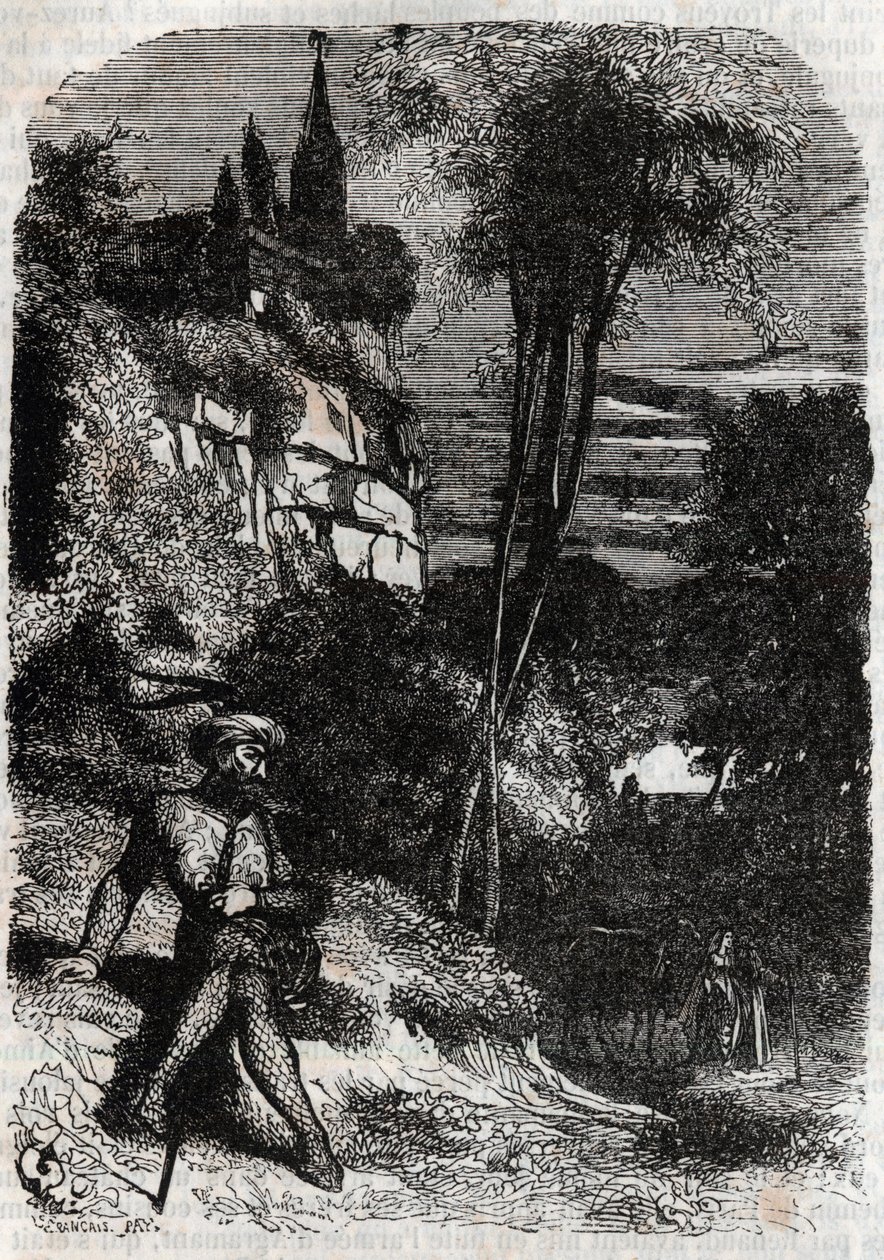Rodomont, Isabella og den gamle eremit - 1851 gravering fra "" Furious Roland"" (Orlando furioso) (1500-tallet) af Ludovico Ariosto, kendt som Ariosto - Udgave oversat fra italiensk af greven af Tressan og udgivet af Gustave Harvard 1851 af Unknown artist