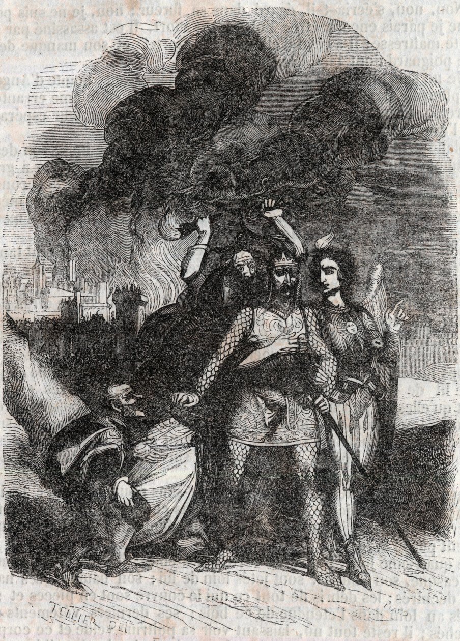 Rodomont forlader Paris - indgravering af 1851 fra "" Roland furieux"" (1500-tallet) af Ludovico Ariosto, kendt som Ariosta - Udgave oversat fra italiensk af greven af ​​Tressan og udgivet af Gustave Harvard af Unknown artist