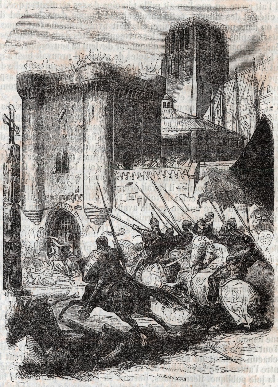 Rodomont bryder dørene til Palais i Paris - indgravering af 1851 fra "" Roland furieux"" (Orlando furioso) (1500-tallet) af Ludovico Ariosto, kendt som Arioste - Udgave oversat fra italiensk af greven af Tressan og udgivet af Gustave Harv af Unknown artist