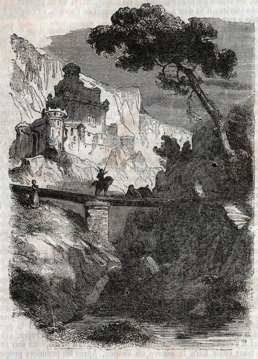 Rodomont besejret af Bradamante - indgravering af 1851 fra "" Furious Roland"" (Orlando furioso) (1500-tallet) af Ludovico Ariosto, kendt som Ariosto - Udgave oversat fra italiensk af greven af Tressan og udgivet af Gustave Harvard 1851 af Unknown artist