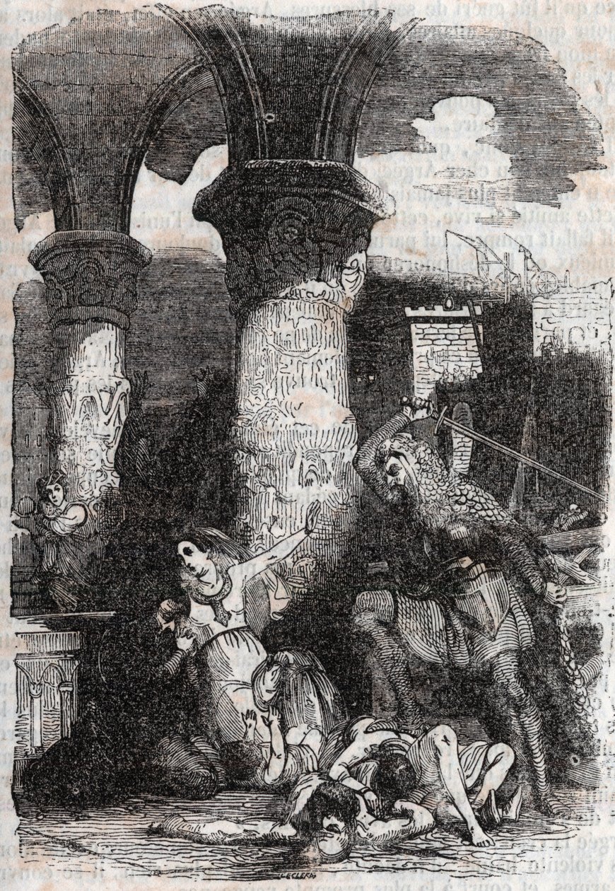 Rodomont massacre les habitatnts de Paris - indgravering af 1851 fra "" Roland furieux"" (Orlando furioso) (1500-tallet) af Ludovico Ariosto, kendt som Arioste - Udgave oversat fra italiensk af greven af Tressan og udgivet af Gustave Harvard 185 af Unknown artist
