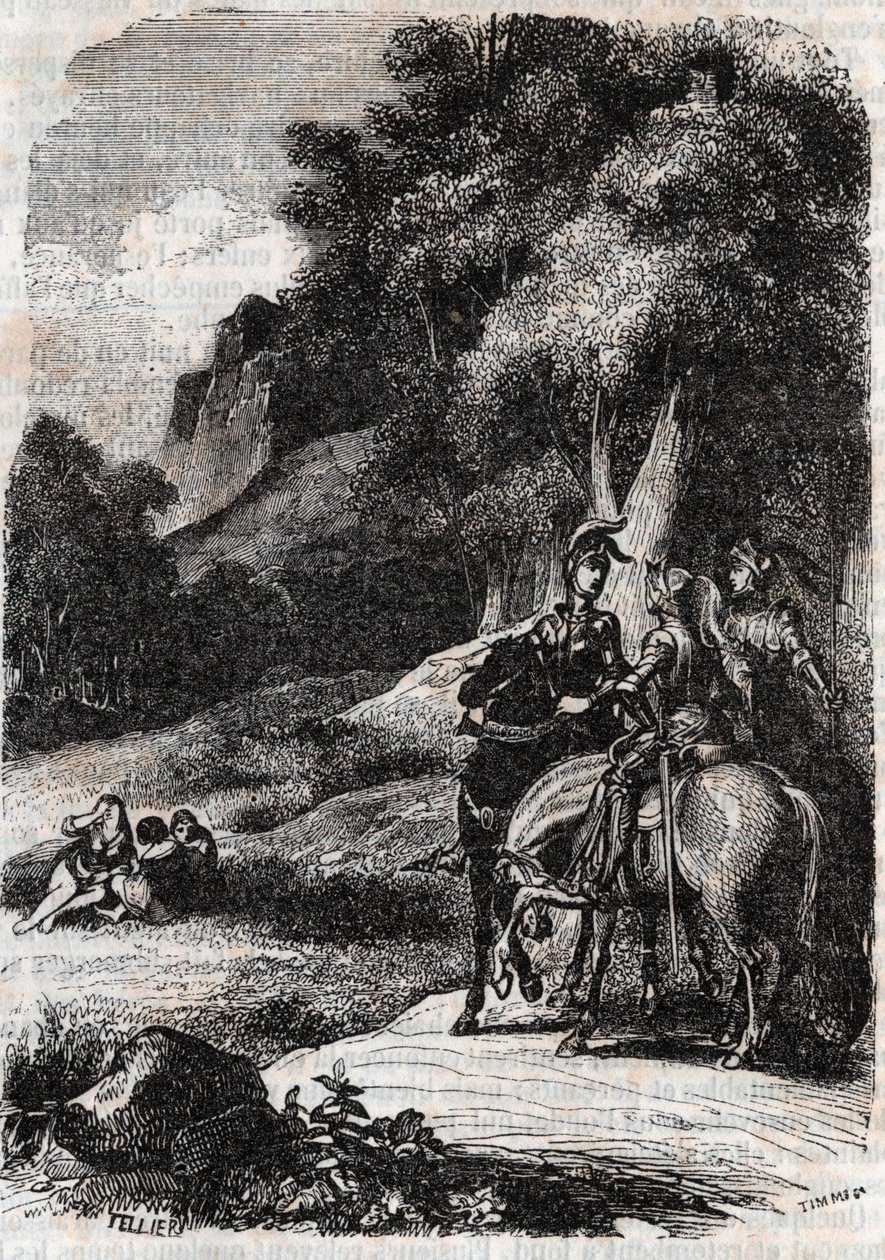 Roger (Ruggero, Ruggiero), Marphise (Marfisa) og de tre kvinder - gravering fra 1851 fra "" Roland furieux"" (1500-tallet) af Ludovico Ariosto, kaldet Ariosto - Udgave oversat fra italiensk af greven af ​​Tressan og udgivet af af Unknown artist