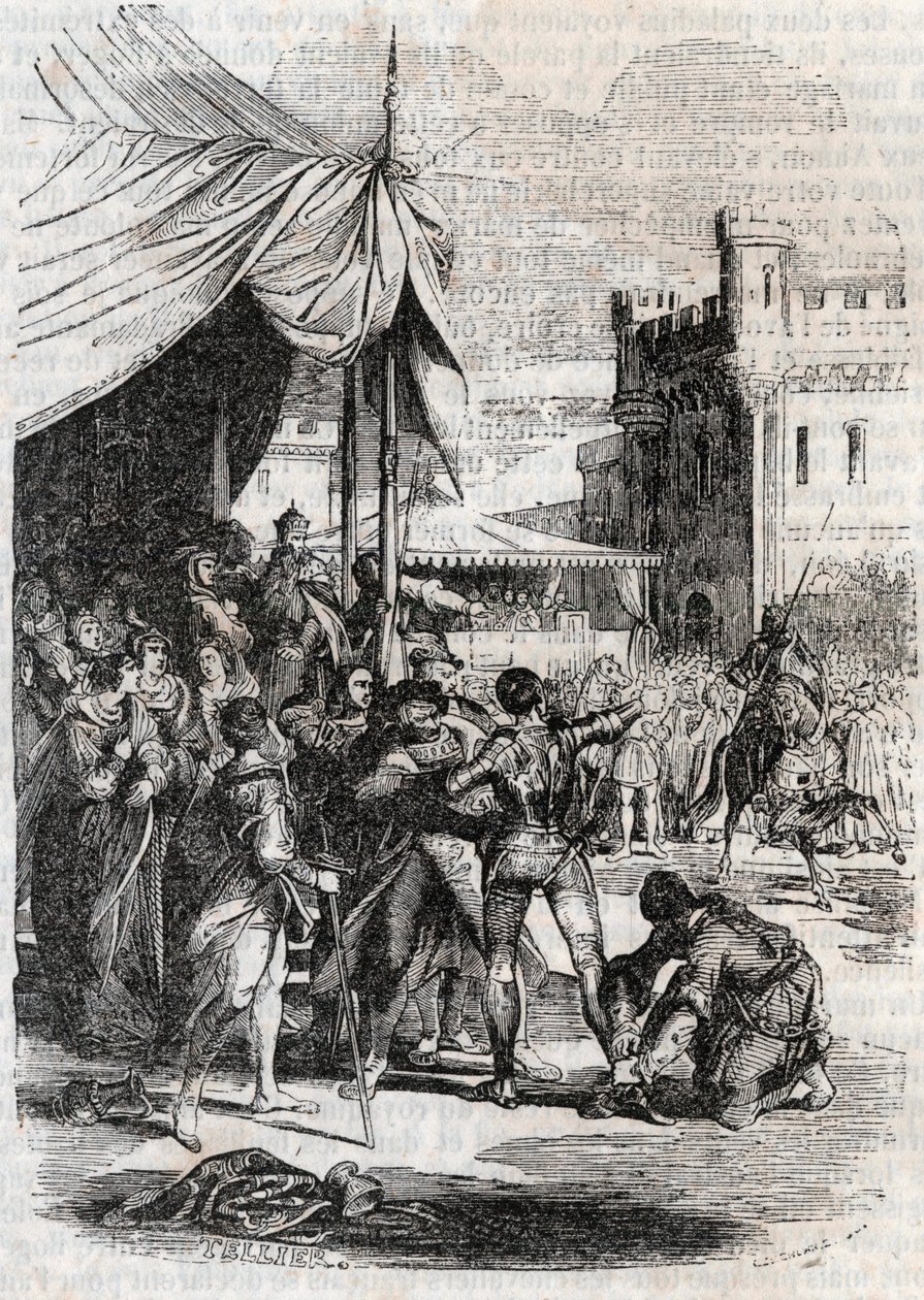 Roger (Ruggero, Ruggiero) trodser i kamp af Rodomont (Rodomont) - indgravering af 1851 fra "" Furious Roland"" (1500-tallet) af Ludovico Ariosto, kendt som Ariosta - Udgave oversat fra italiensk af greven af ​​Tressan og udgive af Unknown artist