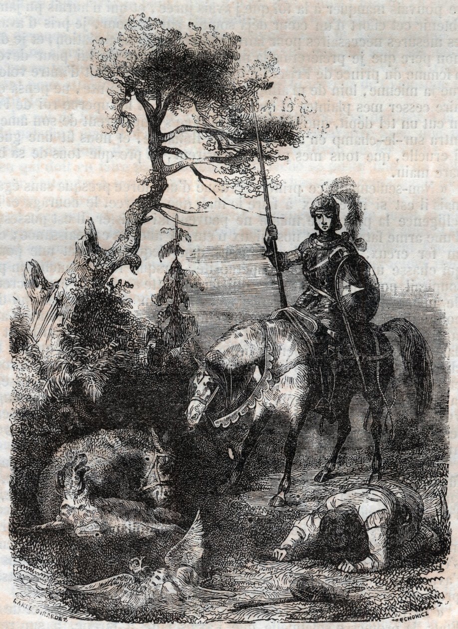 Roger (Ruggero, Ruggiero) gør brug af det fortryllende skjold - indgravering af 1851 fra "" Furious Roland"" (Orlando furioso) (1500-tallet) af Ludovico Ariosto, kendt som Ariosta - Udgave oversat fra italiensk af greven af Tressan og udgivet af af Unknown artist