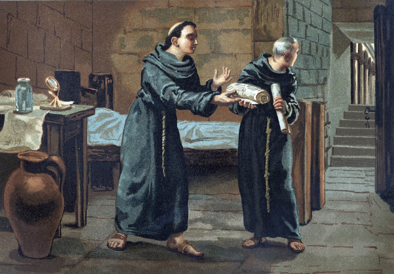 Roger Bacon, franciskanermunk, teolog, filosof og engelsk lærd (1214-1294) sendte bogen "Opus Majus" (1267-1268) til paven - i "Science and its Men" af Louis Figuier. Barcelona 1881 af Unknown artist