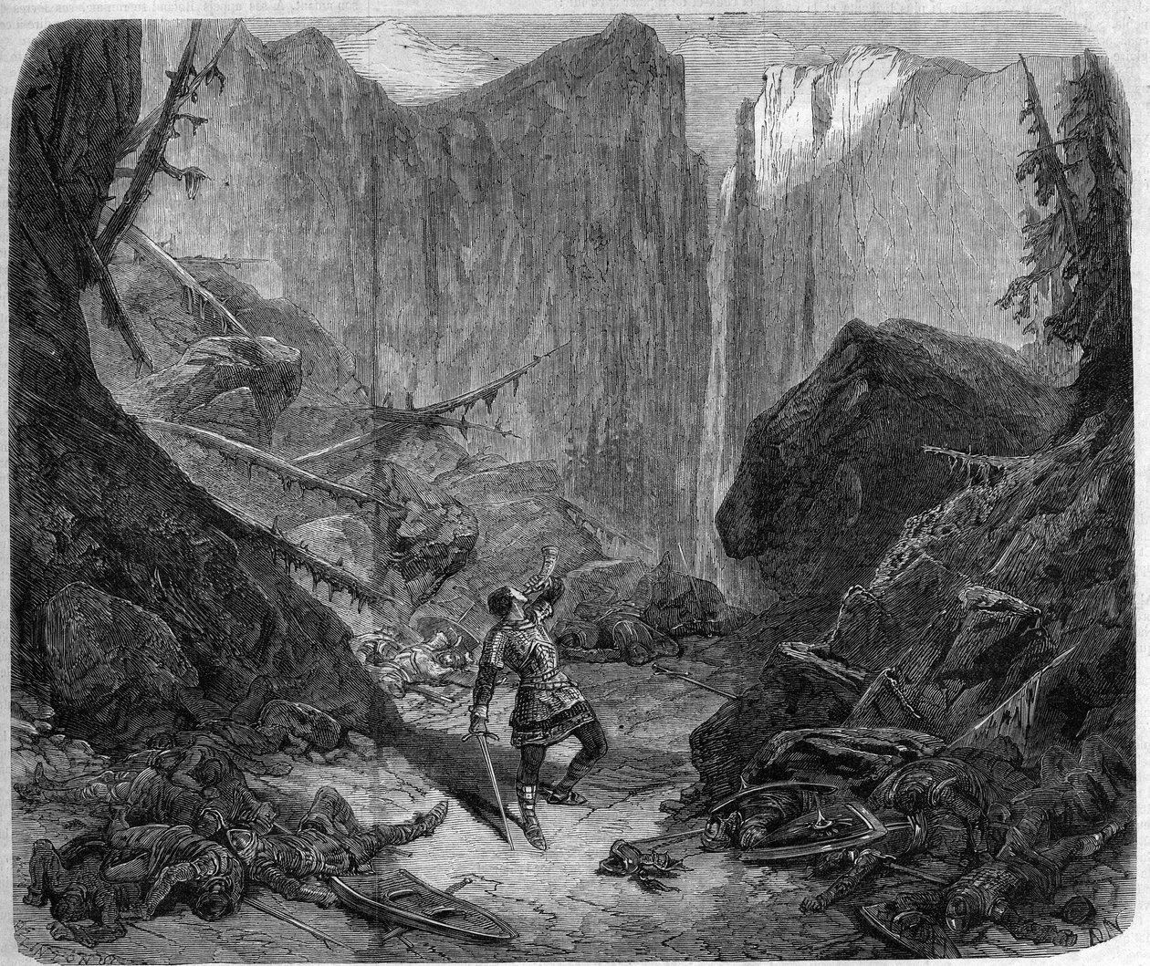Roland blæser i sit horn i slaget ved Roncesvaux den 15. august 778. Tegning af Alphonse de Neuville (1836-1885) til operaen "Roland a Roncesvaux" (Akt IV, scene 1) af Auguste Mermet (1810-1889). Paris, Theatre Imperial de l