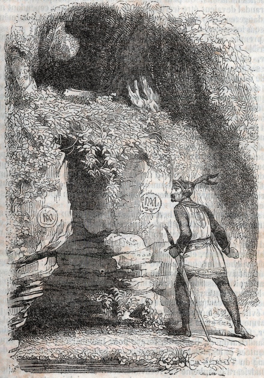 Figurerne af Medor (Medoro) og Angelique (Angelica) - indgravering af 1851 fra "" Furious Roland"" (1500-tallet) af Ludovico Ariosto, kendt som Ariosta - Edition Tressan og udgivet af Unknown artist