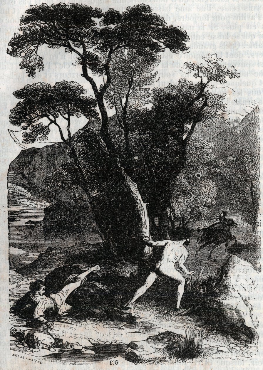 Roland forfølger Angelique (Angelica) - gravering af 1851 fra "" Furious Roland"" (1500-tallet) af Ludovico Ariosto, kendt som Ariosto - Udgave oversat fra italiensk af greven af ​​Tressan og udgivet af Gustave Harvard af Unknown artist