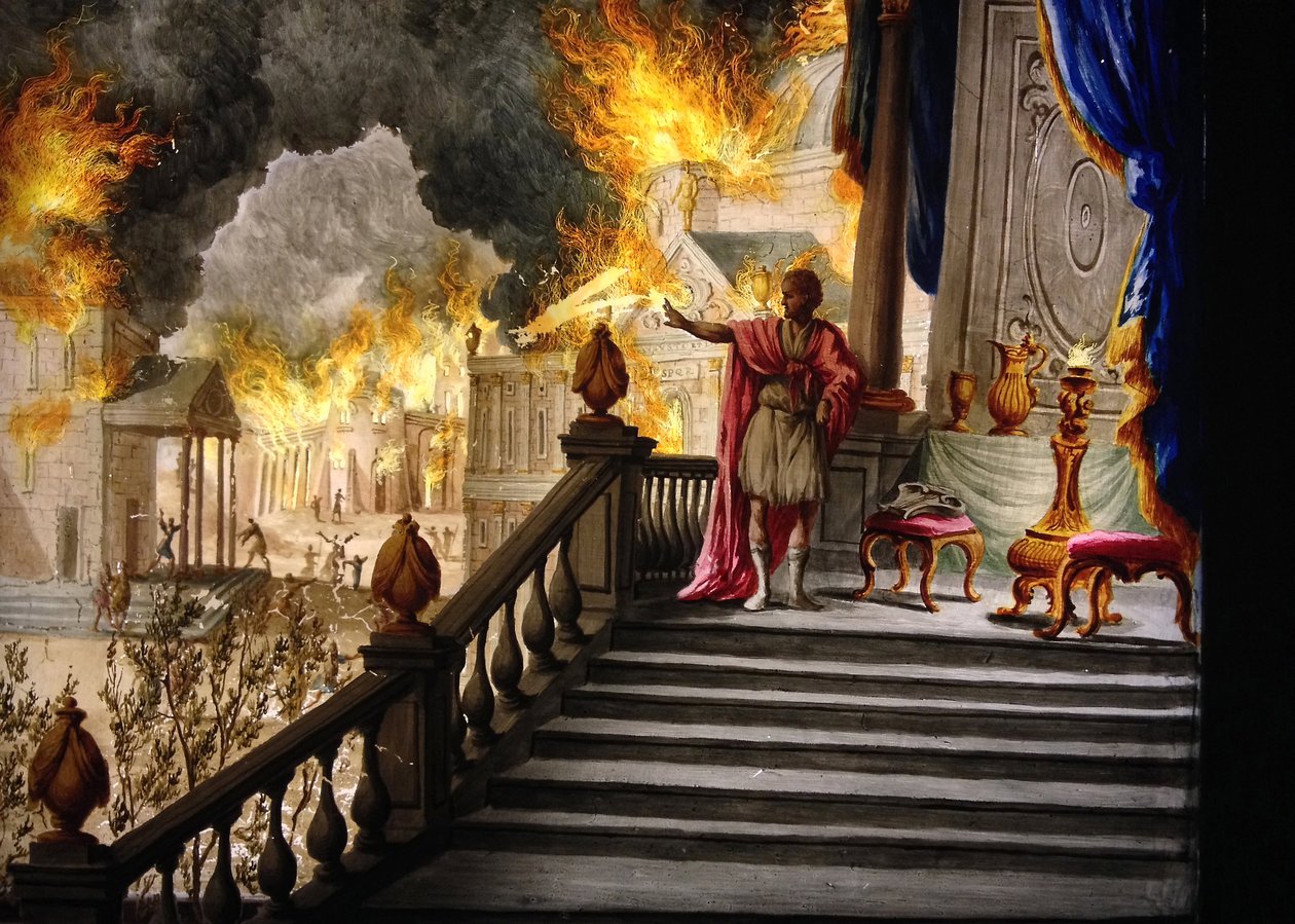 Roman Antiquite: "" Kejser Nero overvejer Roms brand den 18. juli 64"" (glasmaleri) af Unknown artist